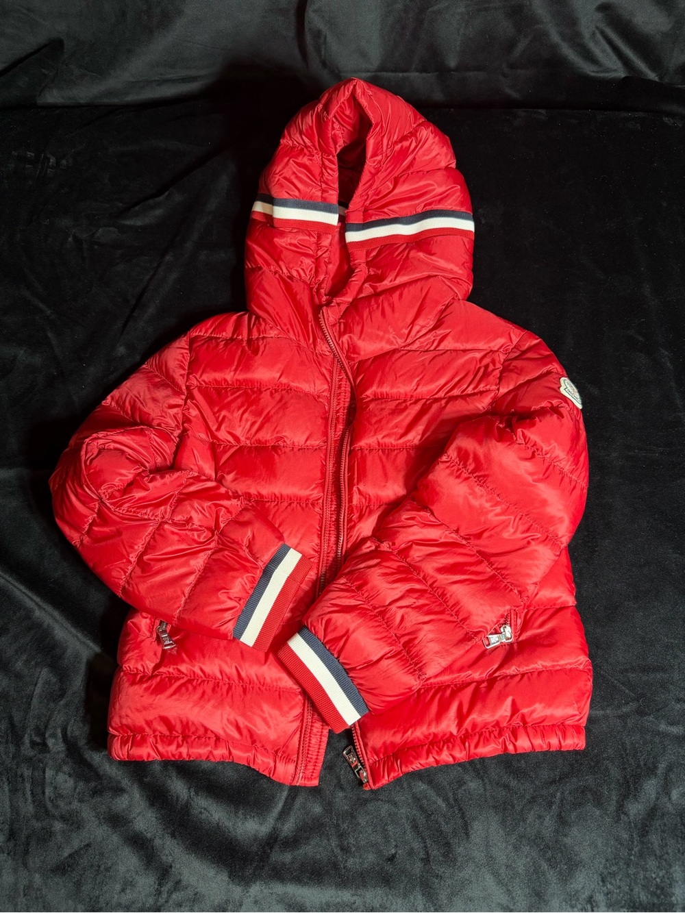 Moncler Kids Red Hooded Puffer Jacket with Tricolor Trim
